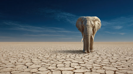 An elephant strides through cracked, dry earth under a blue sky, representing the impact of climate change on animal habitats.の素材