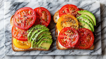 Freshly made avocado toast topped with vibrant tomato slices rests on a marble board, highlighted by clean daylight.の素材