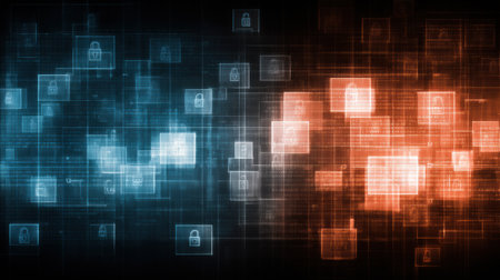 Visual representation of cyber security, featuring data locks amidst a technological backdrop in vibrant colors.の素材