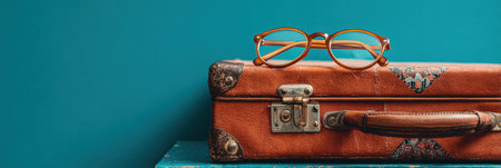 Glasses sit atop the handle of a vintage suitcase against a blue wall, creating a stylish travel scene that invites adventure and exploration.の素材