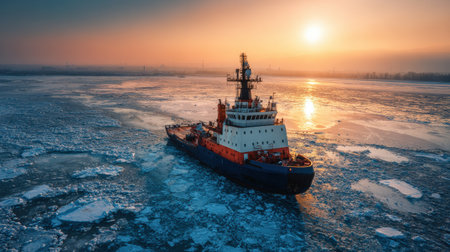 A strong icebreaker moves through a frozen landscape, breaking ice with determination as the sun rises in a chilly environment.の素材