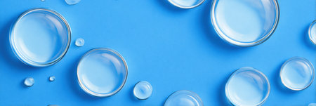 Floating transparent bubbles rest on a vibrant blue background, ideal for a clean and fresh skincare theme presentation.の素材