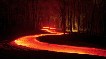 In a dense forest, a radiant pathway winds through the trees, symbolizing direction and the journey to resolve challenges.の素材
