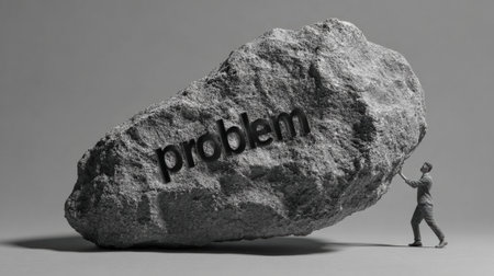 A man is lifting a large stone marked problem, emphasizing the act of releasing burdens and achieving personal triumph.の素材