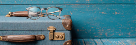 Glasses rest on the handle of a suitcase, showcasing a travel theme and a clean, vibrant surface that invites adventure and exploration.の素材