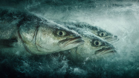 Three fish are frozen beneath a transparent layer of ice, creating a stunning visual of underwater life captured in a unique style.の素材