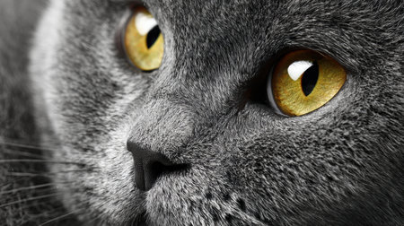 This close view of a British shorthair cat highlights golden eyes and soft gray fur, revealing the cats intense and curious expression.の素材