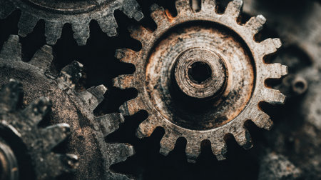 Gears are tightly jammed together, representing mechanical failure and the challenges faced in technical systems, showing metallic tones.の素材
