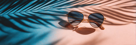 Sunglasses rest on a colorful surface, with a striking tropical leaf shadow adding to the summer atmosphere and beachy feelの素材