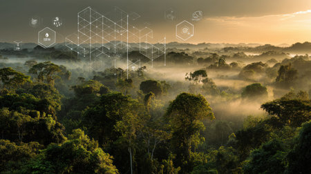 A scenic view of the Amazon rainforest canopy at golden hour, filled with mist layers and subtle climate icons, showing natures beauty.の素材