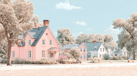 A charming pink house draws attention among a row of identical white homes in a peaceful residential area.の素材