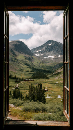 Glimpse the serene mountain landscape through an open window, revealing lush valleys and majestic peaks under a bright sky.の素材