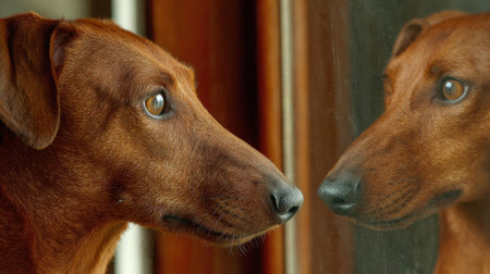 A brown dog gazes intently at its mirror reflection, displaying a puzzled expression in a well-lit setting.の素材