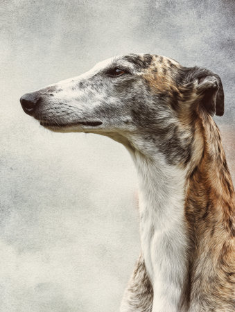 Greyhound stands in profile, displaying its sleek form and gentle expression in a soft and simple setting, capturing the essence of this breed.の素材
