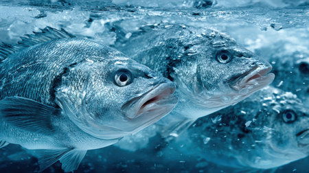 Frozen fish rest beneath a clear layer of ice, highlighting the beauty and detail of their scales and surroundings in this striking 3D render.の素材