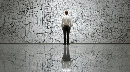 A person stands before a cracked mirror, contemplating their identity, surrounded by a distorted and fragmented reflection.の素材