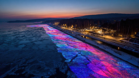 A digital path illuminates the icy road, hinting at future smart driving technologies as twilight sets in over a winter landscape.の素材