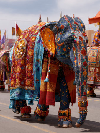 Stunning elephant adorned with colorful ornaments and fabrics walks proudly in festival parade, showcasing rich cultural heritage of India.の素材