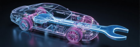 A floating wrench is shown alongside a holographic car frame, highlighting innovative precision service in modern automotive repair.の素材