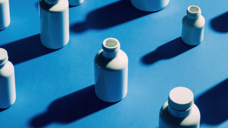 White medical bottles are scattered on a blue background, creating an inviting scene with a soft shadow effect that allows for blank space.の素材