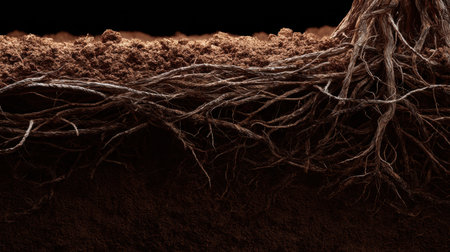 Detailed look at plant roots underground, emphasizing their importance for stability and nutrient absorption in soil.の素材