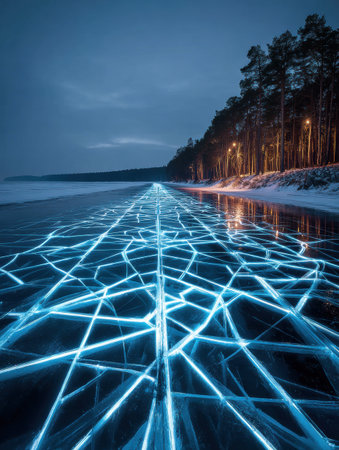 Icy road transforms into a radiant digital pathway, reflecting the stillness of nature at dusk, framed by dark trees.の素材