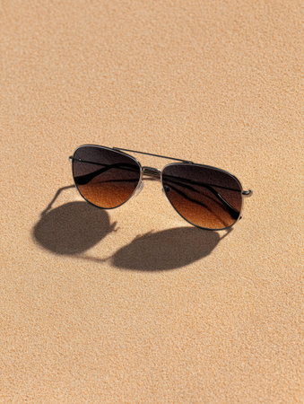 Sunglasses lay on warm sand, casting a sharp shadow under bright sunlight, highlighting a stylish and minimal beach vibe.の素材