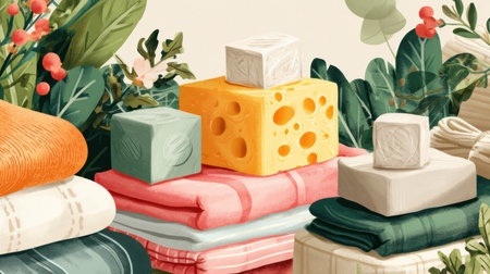 This illustration features a serene eco-laundry scene with neatly folded clothes and vibrant soap bars displayed among lush plants.の素材