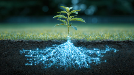 A young green plant displays a glowing root system underground, highlighting the potential of synthetic biology in agriculture.の素材