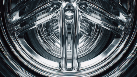 Intricate circle formed by car wheels displays mechanical symmetry, highlighting unique shapes and reflective surfaces in a dynamic arrangementの素材