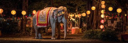 At night, a beautiful elephant adorned with decorations stands below glowing lanterns, creating a festive and enchanting atmosphere.の素材