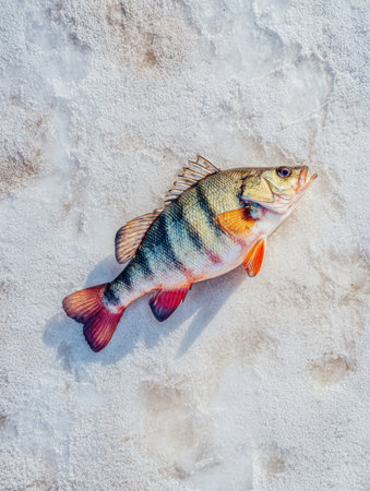 A caught perch rests on the ice beside a fishing hole, surrounded by winter frost and illuminated by bright sunlight, creating a serene scene.の素材