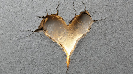 A heart-shaped crack in a gray wall glows with golden light, symbolizing healing, hope, and emotional recovery in difficult times.の素材