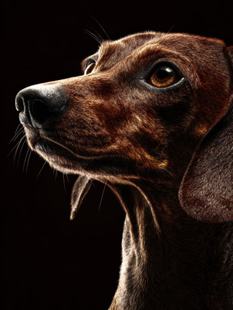 A dachshund with a glossy coat looks sideways, bathed in warm light, showing its elegant features in a dark environment.の素材