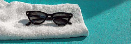 Black sunglasses lie on a soft towel beside a sparkling pool, creating a relaxing summer scene with warm sunlight.の素材