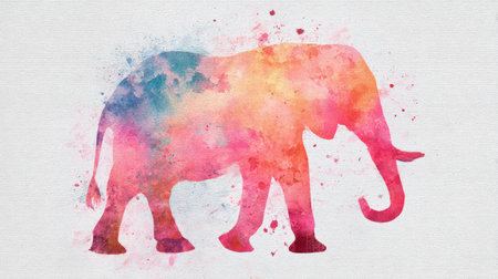 Vibrant watercolor depiction of an elephant features soft pastels and blends seamlessly against a white backdrop, showcasing artistic creativity.の素材