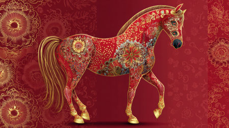 Festive red horse stands elegantly, showing intricate designs on its body against a backdrop of gold patterns.の素材