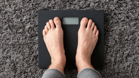 Bare feet stand on a weight scale placed on a soft carpet, highlighting personal fitness and health engagement in a comfortable environment.の素材