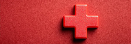 A red medical cross stands out on a textured surface, providing space for health-related information and urgent updates.の素材