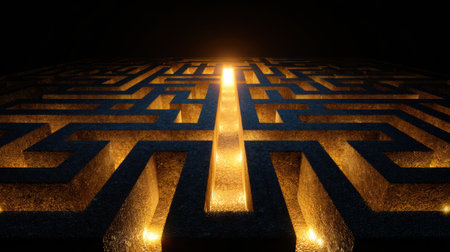 This artwork features a complex maze illuminated by a glowing path leading to the exit, representing clarity and problem-solving.の素材
