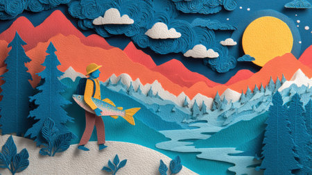 A man carries a vibrant fish while walking through a serene landscape of trees and snow-covered hills, illuminated by a shining moon.の素材