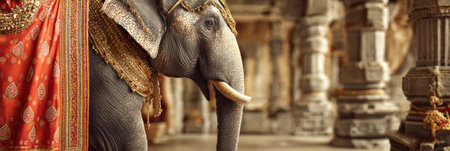 A beautifully dressed elephant in gold and red attire stands proudly at an Indian temple, showing casing rich cultural heritage and stunning architecture.の素材