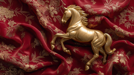 A golden horse stands proudly rearing up against a rich red silk backdrop, symbolizing joy and prosperity for Chinese New Year 2026.の素材