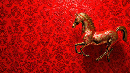 A stunning horse figure, adorned in golden patterns, leaps against a bright red background, celebrating the Chinese New Year of 2026 with text space.の素材