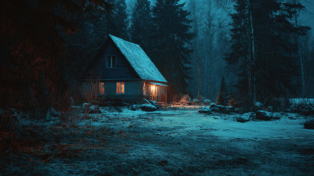A cozy house in a winter forest shines with warm orange light, contrasting the cold blue snow and dark trees during twilight.の素材