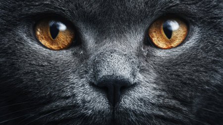 A British shorthair cat stars curiously with golden eyes, showing its soft gray fur and delicate facial features in natural light.の素材