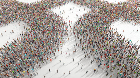 People are moving in different directions, illustrating confusion and disconnection in a crowded area during daylight hours.の素材