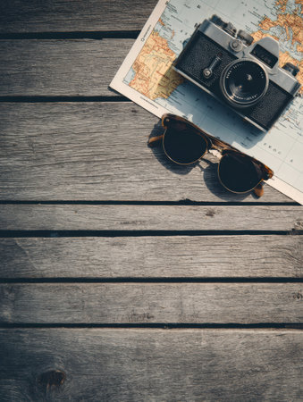 Sunglasses and a vintage camera rest on a wooden table alongside a map, evoking a sense of wanderlust and exploration.の素材
