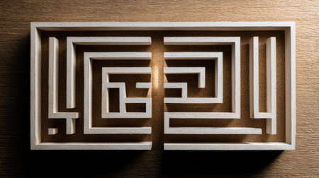 This maze presents a unique challenge with one missing path. The top-down view highlights its complexity and encourages critical thinking.の素材