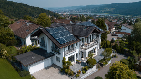 This modern house features solar panels and a lush garden, highlighting a commitment to sustainable living in a tranquil residential setting.の素材